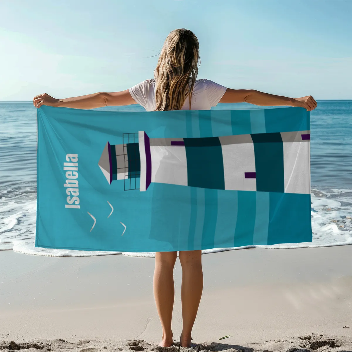 Badetuch Sommer - mit Namen personalisierbar - personalisiertes Namens-Badetuch - Strandtuch mit Wunschtext - Leuchtturm