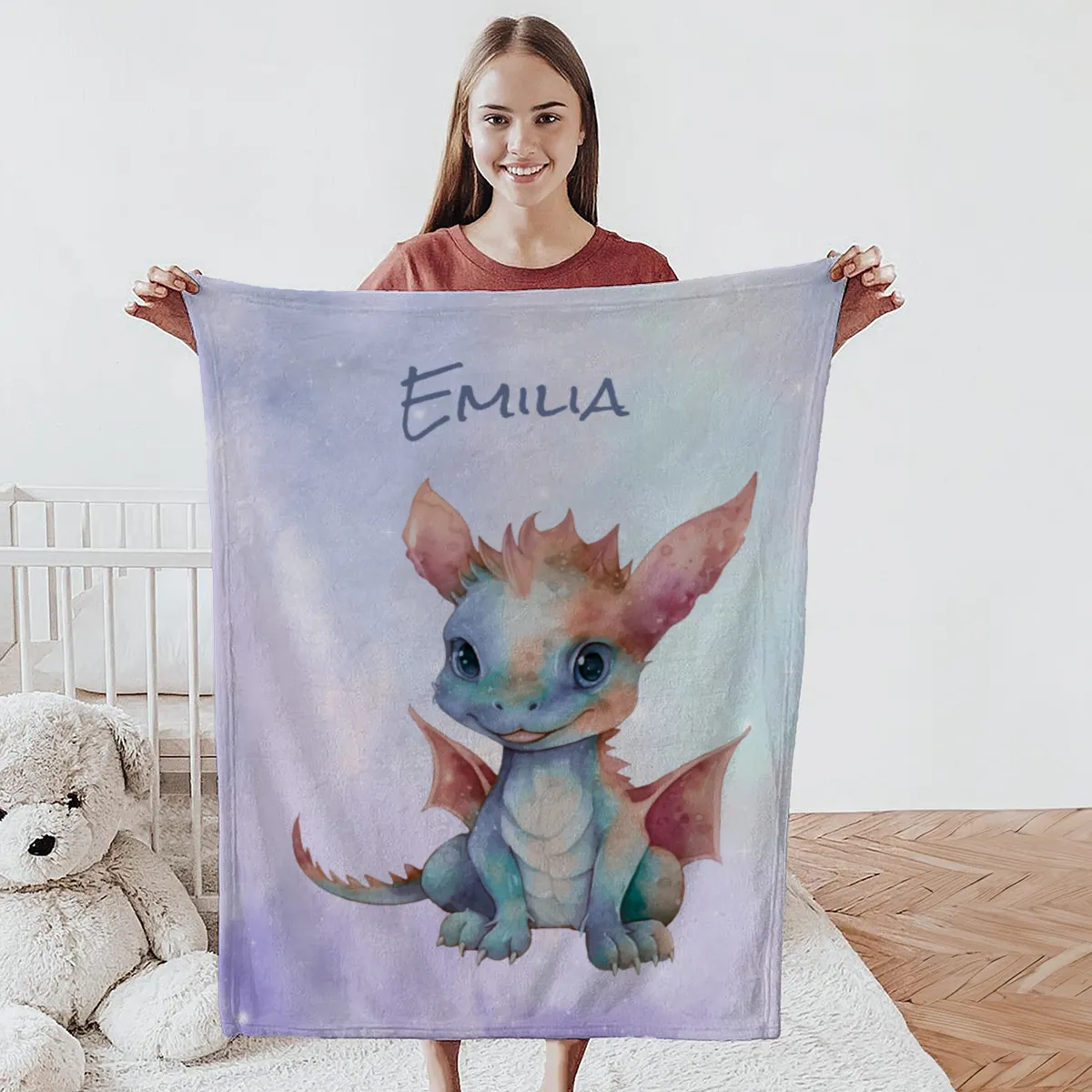 Wohndecke mit Namen personalisierbar, Kuscheldecke, Namensdecke mit Drachen, Geschenkidee Geburtstag Motiv Drache 1 140 x 200 cm