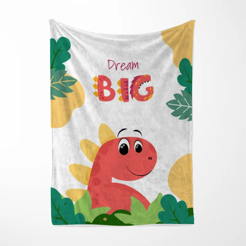 Wohndecke Dream big mit Namen personalisierbar, Kuscheldecke, Namensdecke mit niedlichem Dino, Geschenkidee Geburtstag Motiv Dino rot 140 x 200 cm