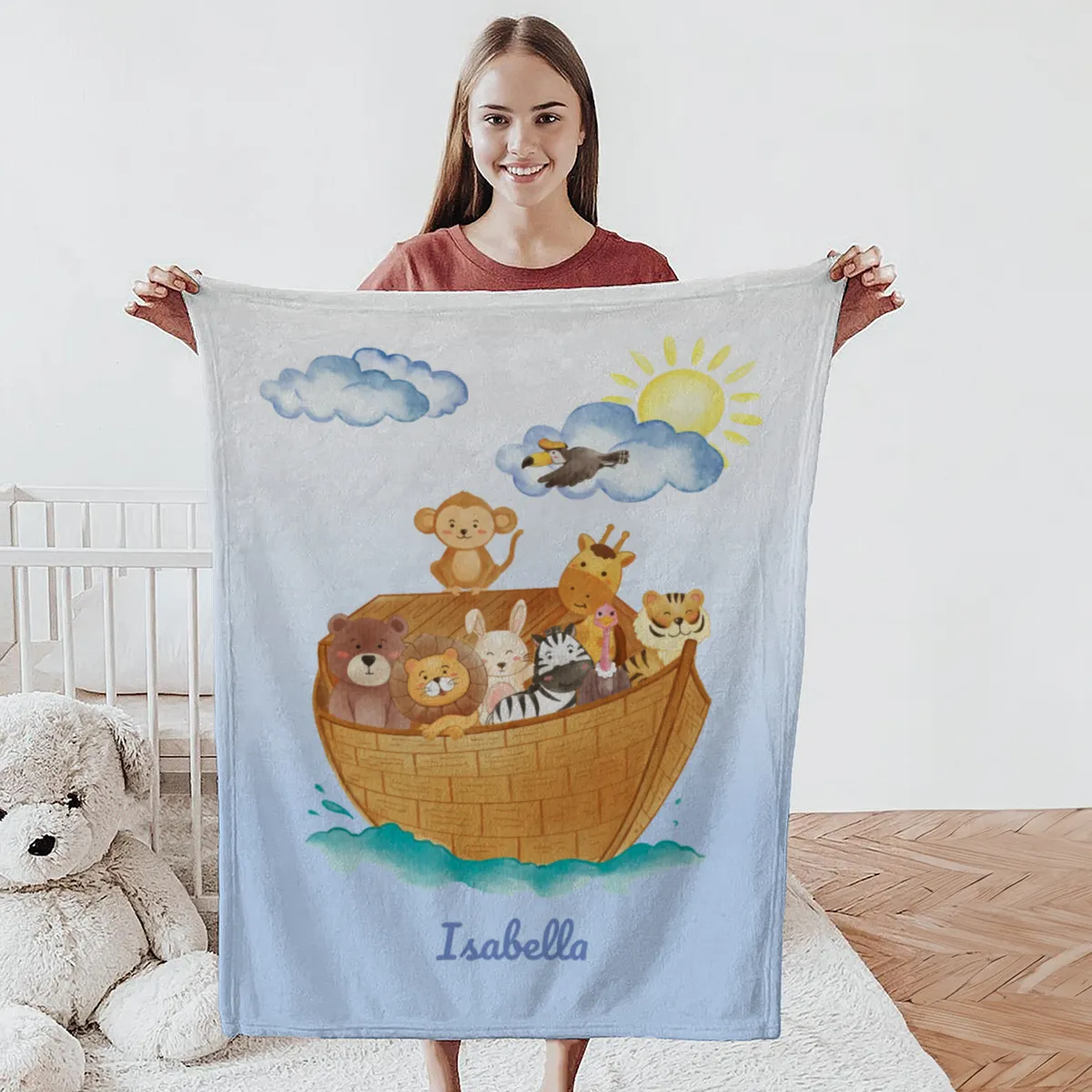 Wohndecke mit Namen personalisierbar, Kuscheldecke, Namensdecke mit niedlichem Tiermotiv, Geschenkidee Geburtstag Motiv Tiere Arche 140 x 200 cm