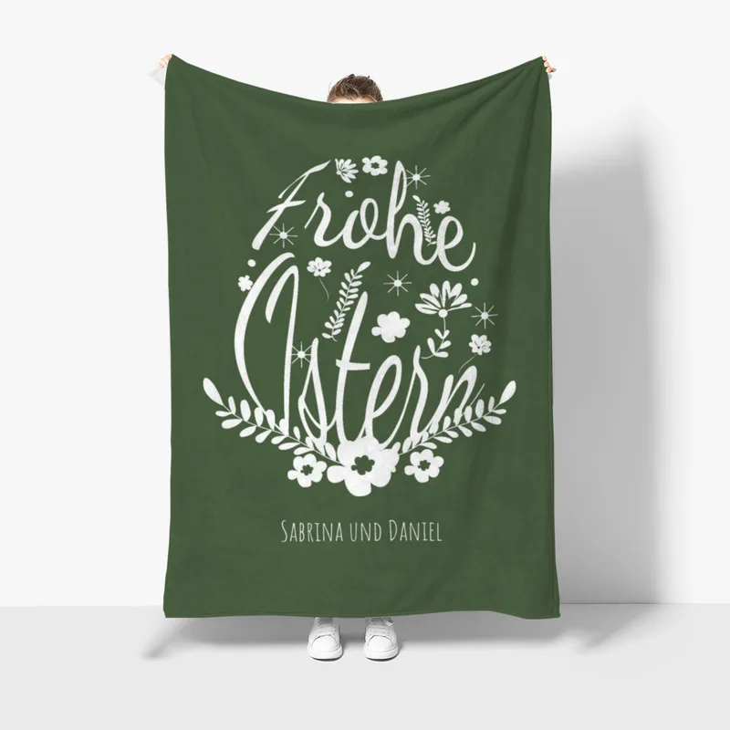 Kuscheldecke Ei Frohe Ostern grün - mit Namen personalisierbar - Geschenkidee Ostern, Osterdeko Blütenei Frohe Ostern Grün 140 x 200 cm