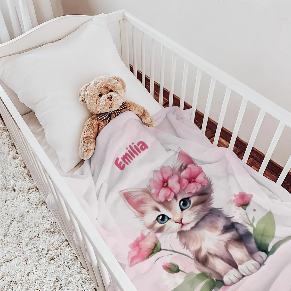 Wohndecke mit Namen personalisierbar, Kuscheldecke, Namensdecke mit süßem Kätzchen, Geschenkidee Geburtstag Motiv Katze rosa 140 x 200 cm