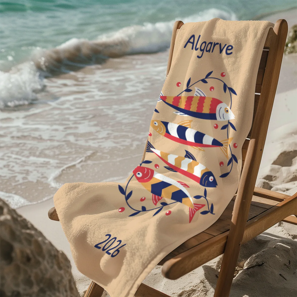 Badetuch mit Namen personalisierbar - personalisiertes Namens-Badetuch - Strandtuch mit Wunschtext - Sardinen floral