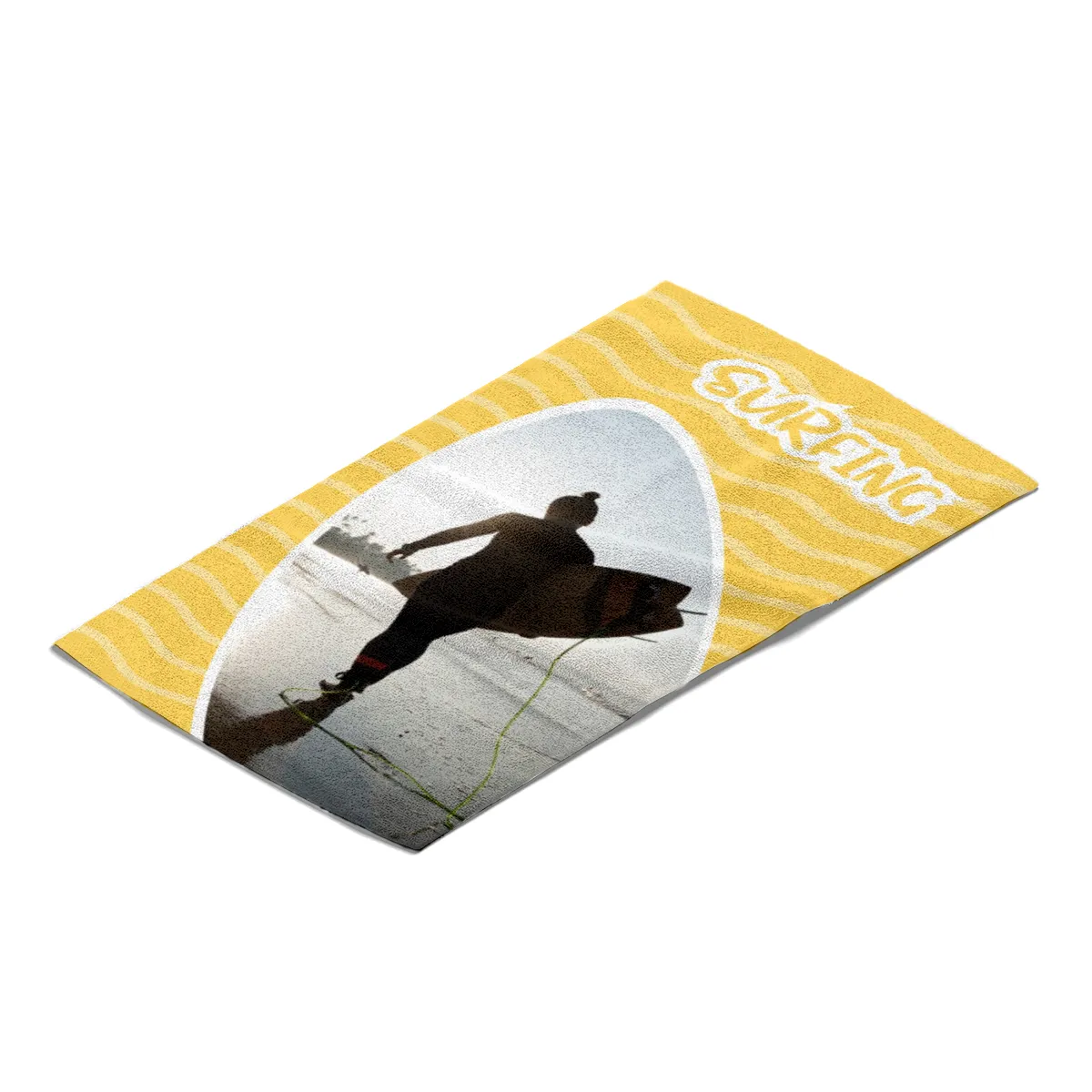 Strandtuch gelb im Surfbrett-Look - mit Foto personalisierbar - Foto-Badetuch - Geschenkidee Surfer Surfing