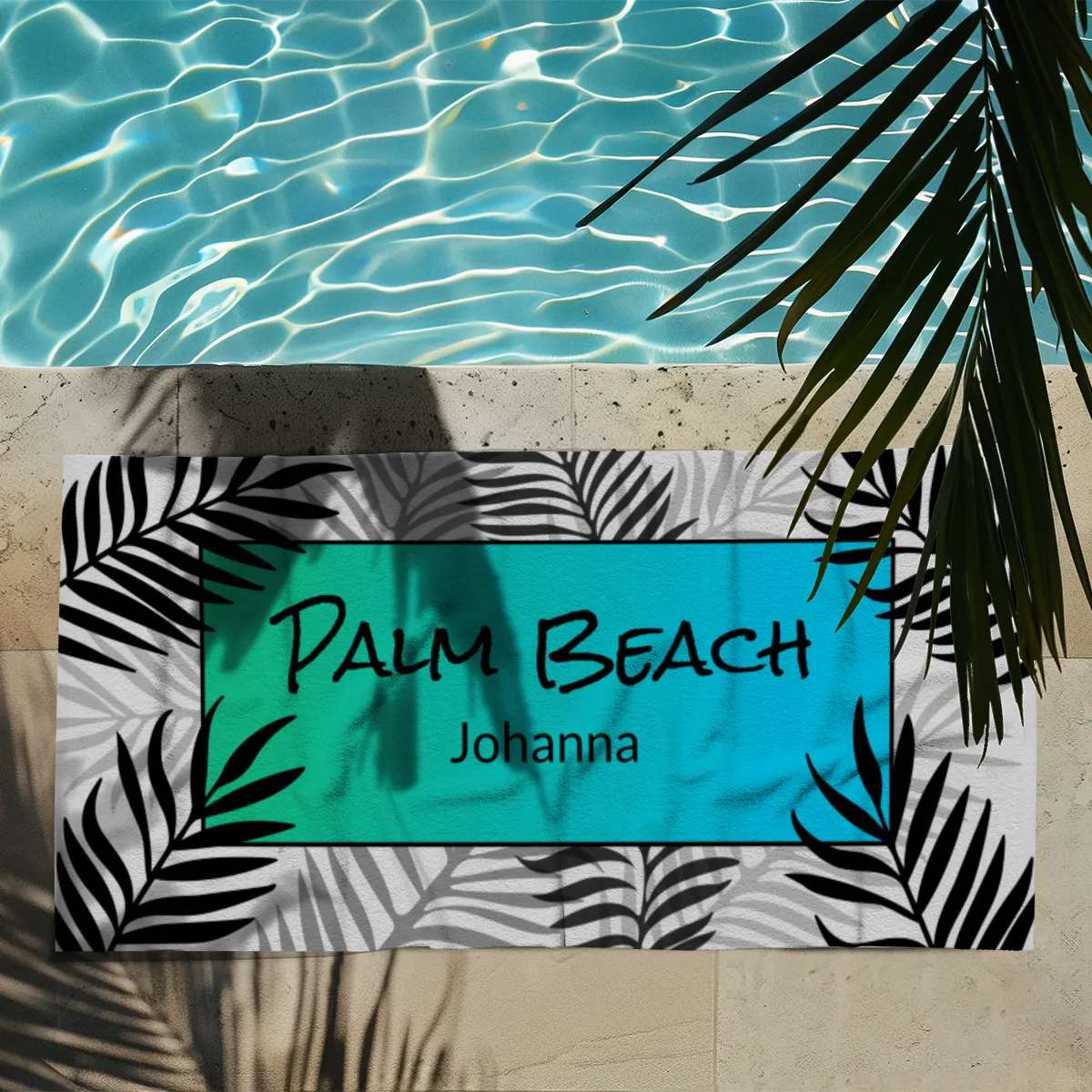 Badetuch Sommer - mit Namen personalisierbar - personalisiertes Namens-Badetuch - Strandtuch mit Wunschtext - Palmenblätter