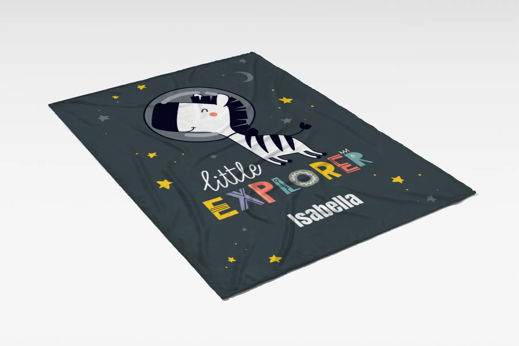 Wohndecke mit Namen personalisierbar, Kuscheldecke, Namensdecke mit niedlichem Tiermotiv, Geschenkidee Geburtstag Motiv Zebra Little Explorer 140 x 200 cm