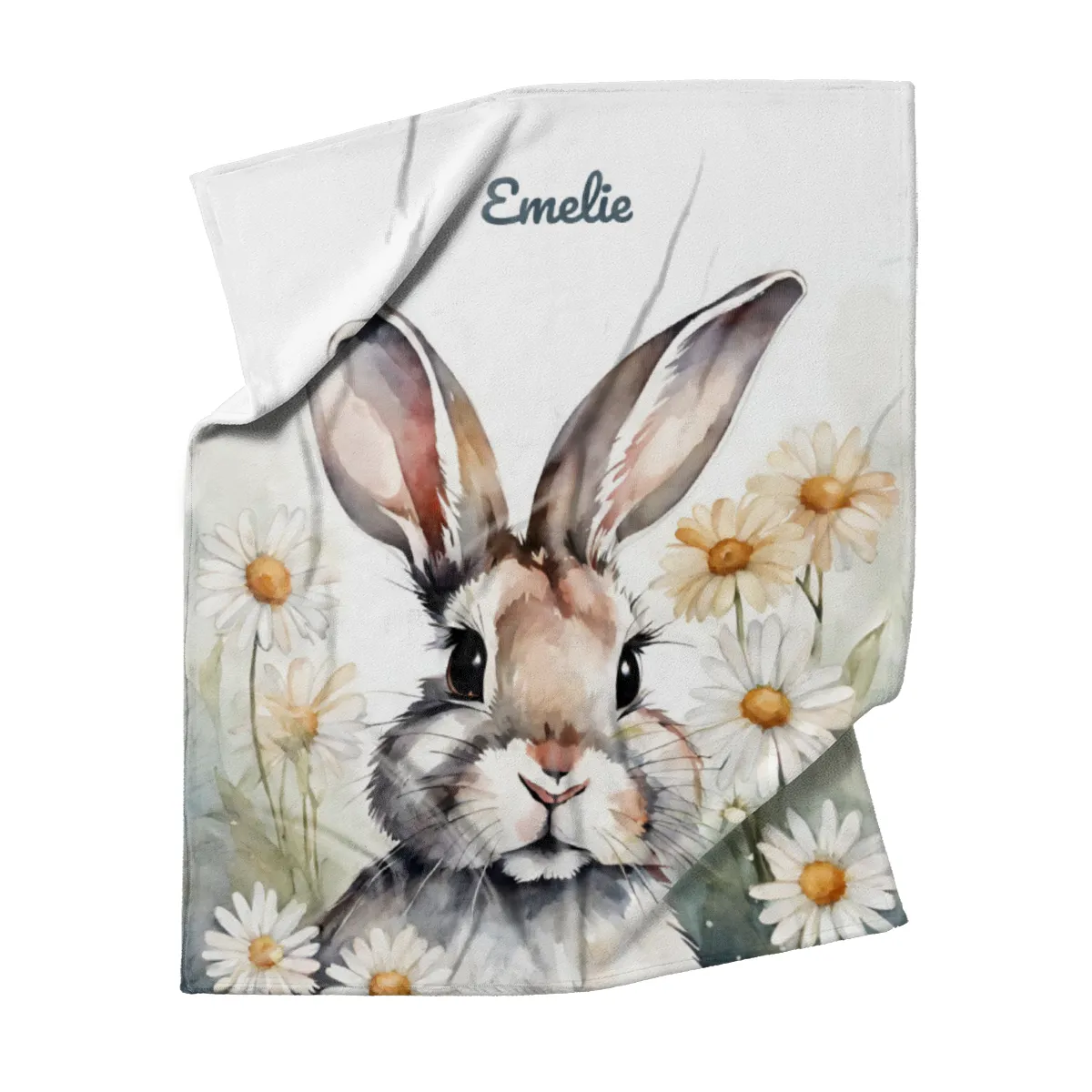 Babydecke mit Namen personalisierbar, Kuscheldecke, Namensdecke mit Häschen, Geschenkidee Geburt Motiv Hase Blümchen 75 x 100 cm