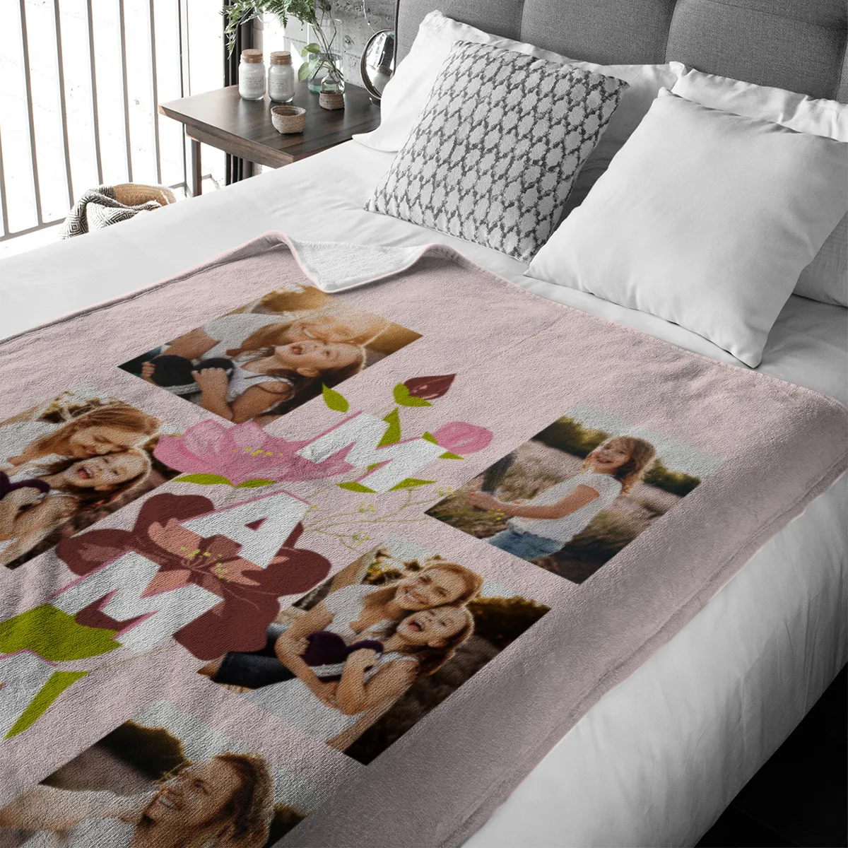 Kuscheldecke Mama Blüten 140 x 200 cm - mit 6 Fotos personalisierbar - Fotodecke selbst gestalten - Geschenkidee Muttertag Mama Blüten 6 Fotos 140 x 200 cm
