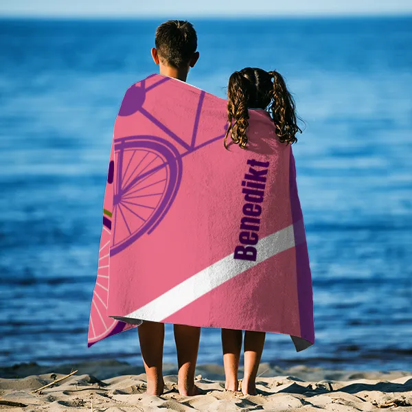 Badetuch Sport - mit Namen personalisierbar - personalisiertes Namens-Badetuch - Strandtuch mit Wunschtext - Fahrrad Schatten