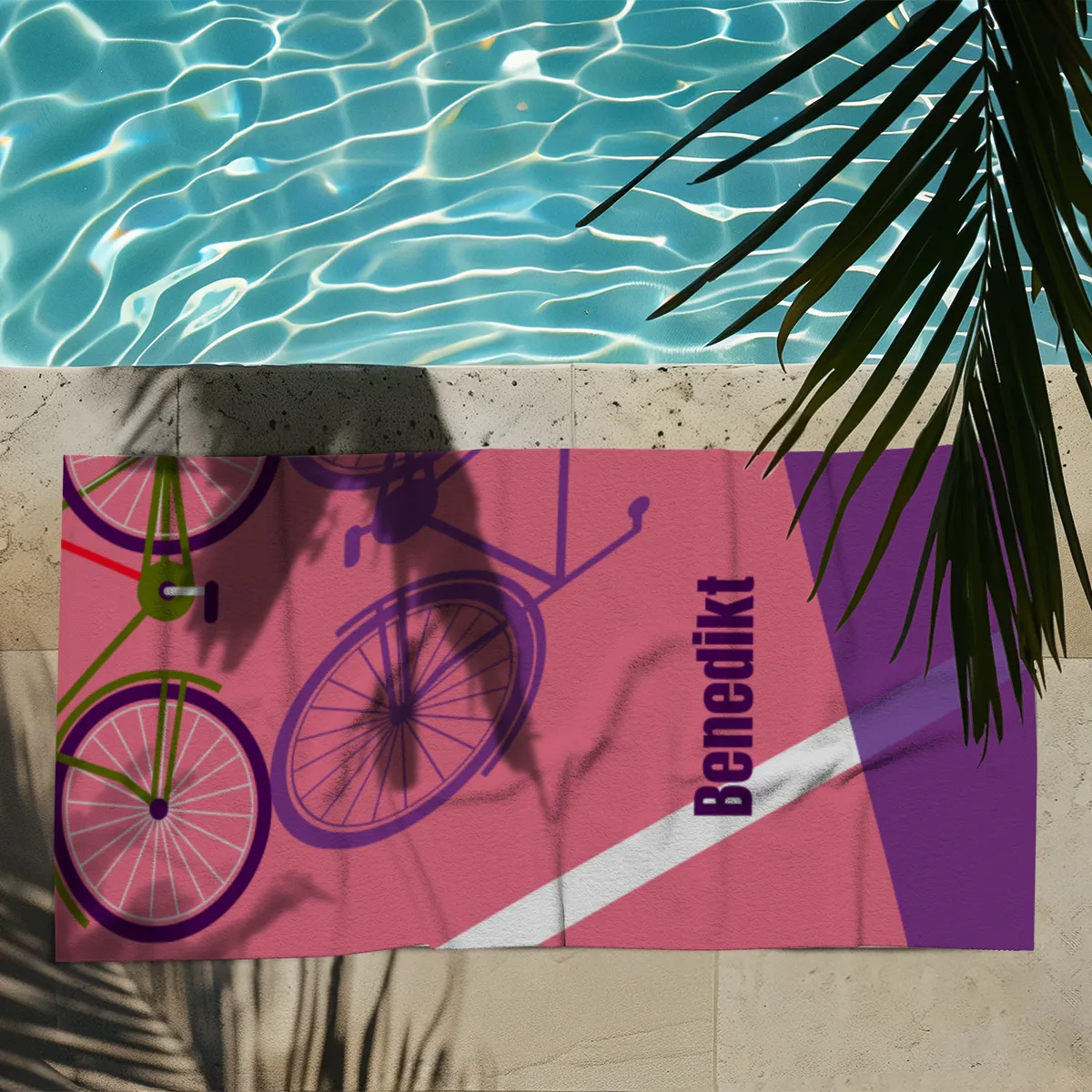 Badetuch Sport - mit Namen personalisierbar - personalisiertes Namens-Badetuch - Strandtuch mit Wunschtext - Fahrrad Schatten
