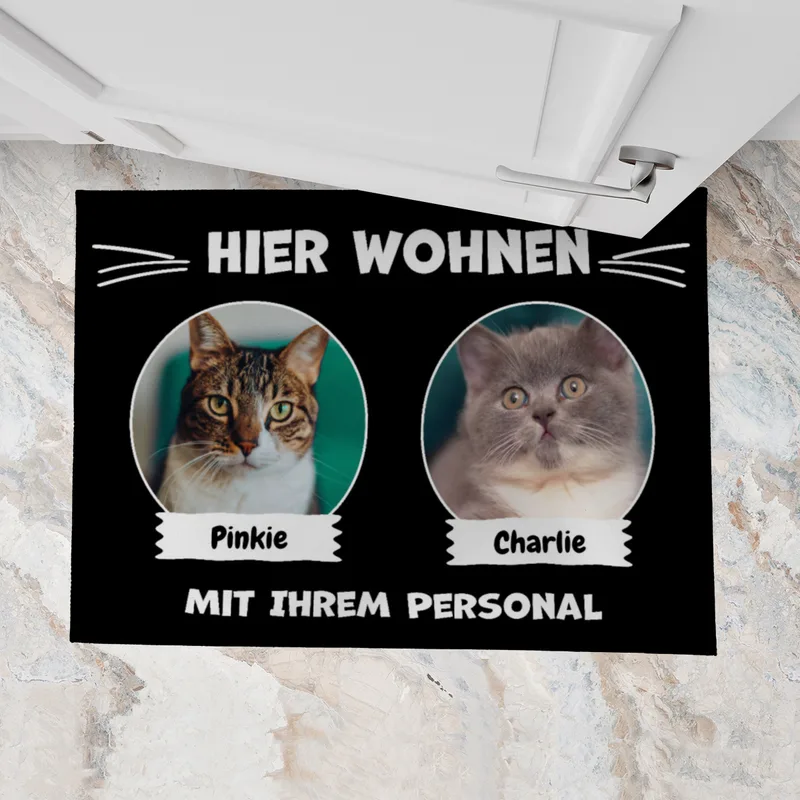 Spruch-Fußmatte Hier wohnt 1 Katze mit Personal - personalisiert mit Foto und Name - Geschenkidee für Katzenhalter, Haustierbesitzer