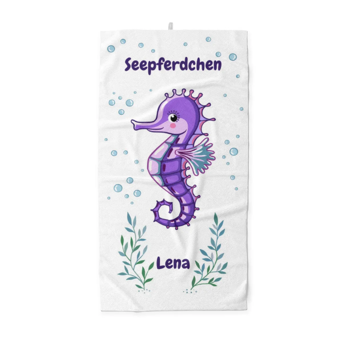 Duschtuch mit Namen personalisierbar - personalisiertes Namens-Duschtuch mit Wunschtext - Seepferdchen blau