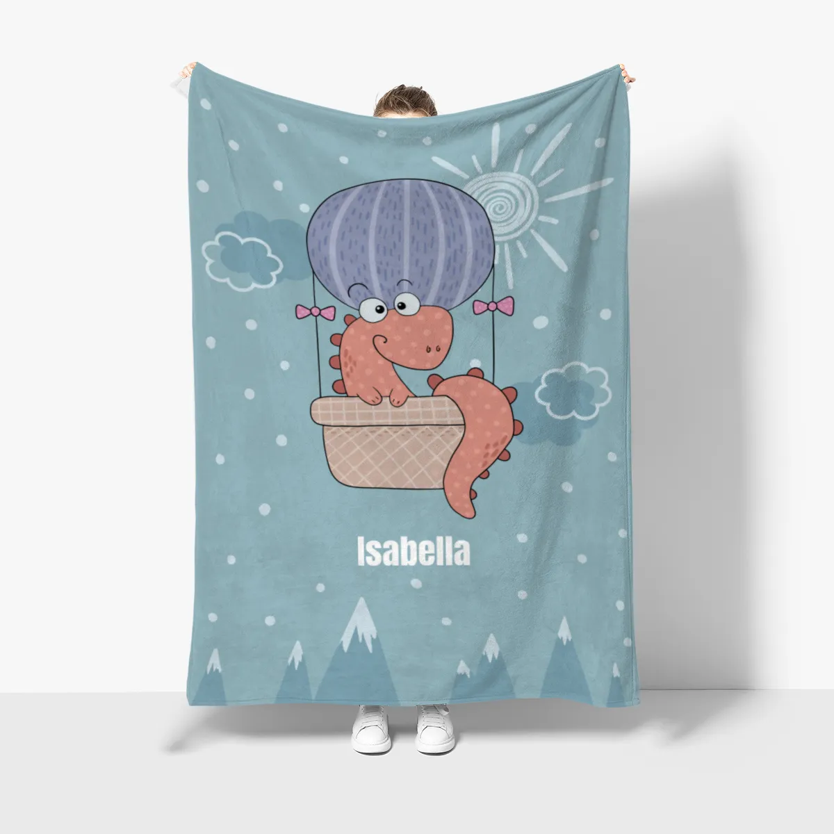 Babydecke mit Namen personalisierbar, Kuscheldecke, Namensdecke mit niedlichem Tiermotiv, Geschenkidee Geburtstag Motiv Luftfahrer Dino 75 x 100 cm