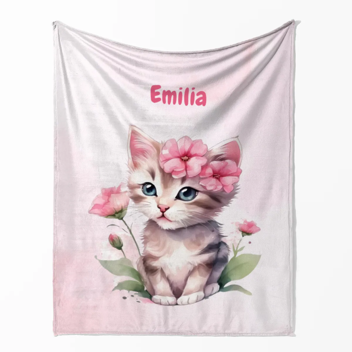 Wohndecke mit Namen personalisierbar, Kuscheldecke, Namensdecke mit süßem Kätzchen, Geschenkidee Geburtstag Motiv Katze rosa 140 x 200 cm