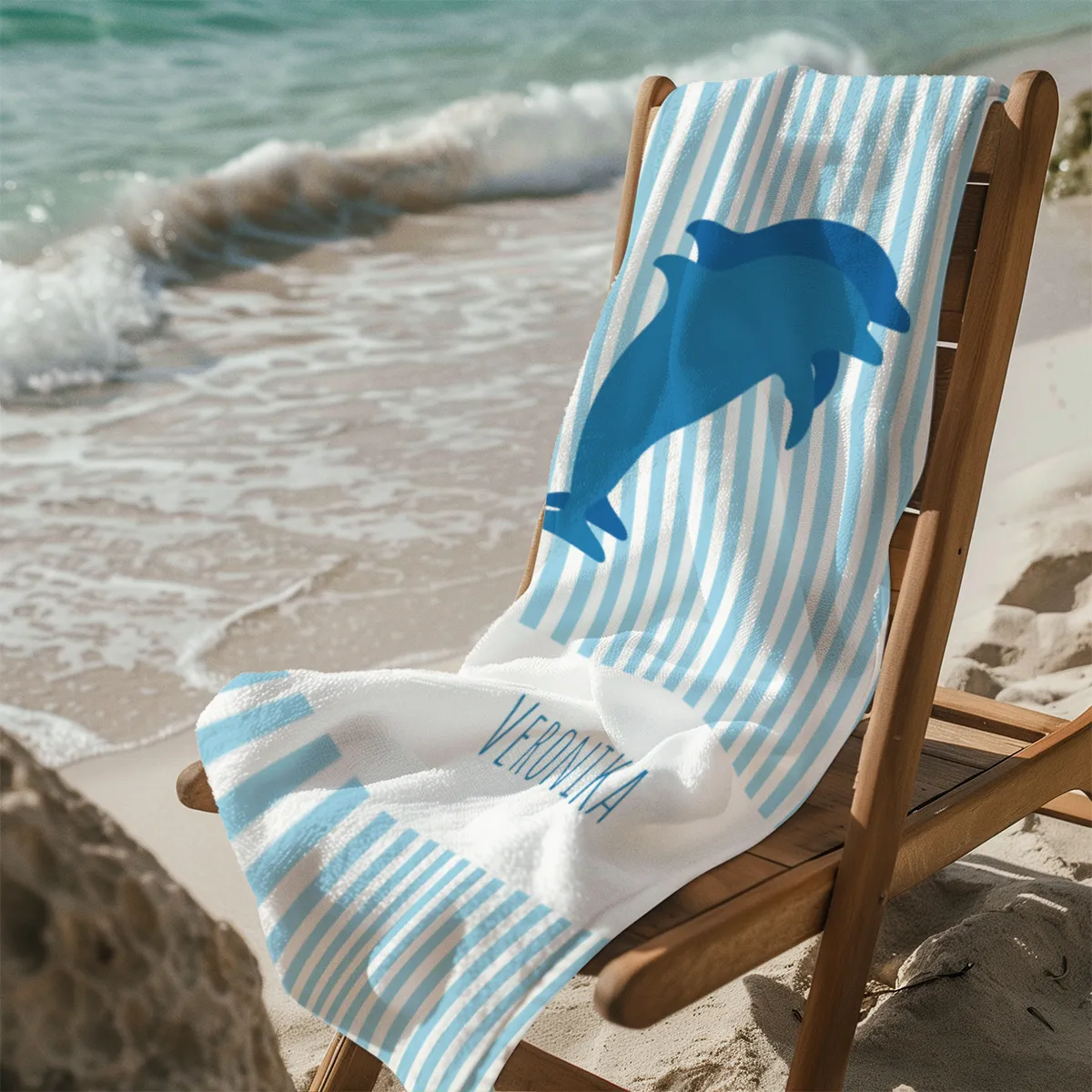 Duschtuch gestreift mit blauen Delfinen - mit Namen personalisierbar - personalisiertes Namensduschtuch - Delfine blau