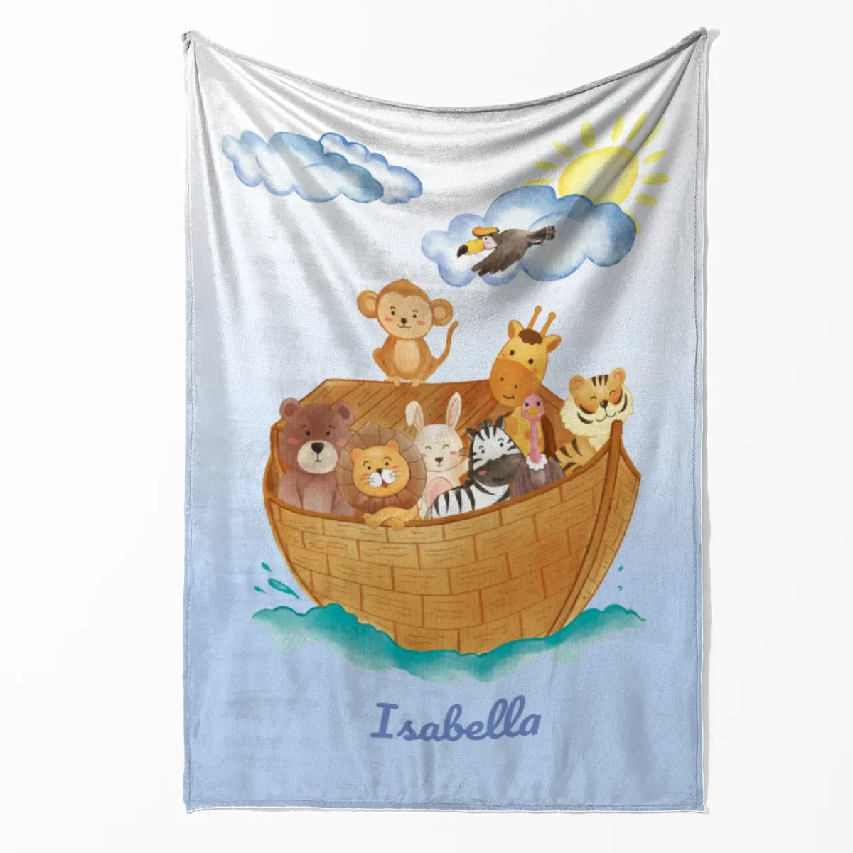 Wohndecke mit Namen personalisierbar, Kuscheldecke, Namensdecke mit niedlichem Tiermotiv, Geschenkidee Geburtstag Motiv Tiere Arche 140 x 200 cm