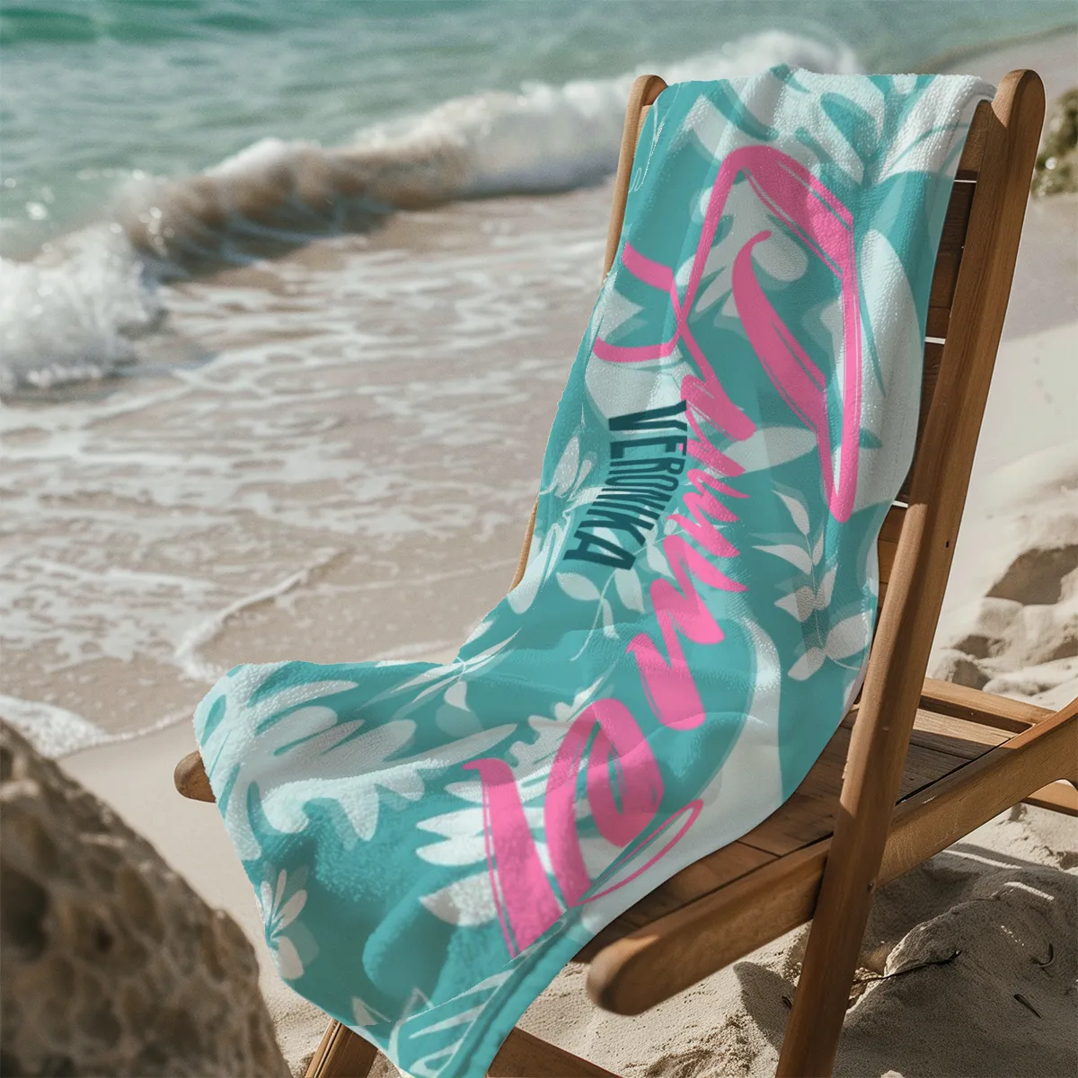 Badetuch Summer mit tropischen Blättern - mit Namen personalisierbar - personalisiertes Namensbadetuch - Strandtuch Sommer mit Namen - Summerleaves