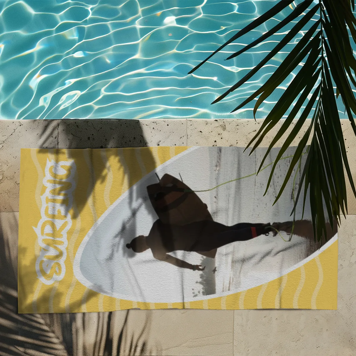 Strandtuch gelb im Surfbrett-Look - mit Foto personalisierbar - Foto-Badetuch - Geschenkidee Surfer Surfing