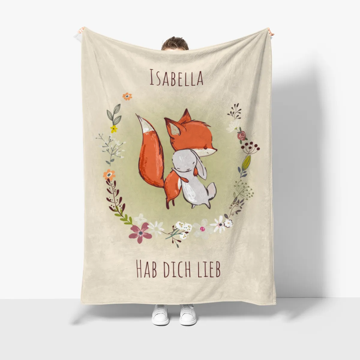 Babydecke mit Namen personalisierbar, Kuscheldecke, Namensdecke mit niedlichem Tiermotiv, Geschenkidee Geburtstag Motiv Fuchs und Hase 75 x 100 cm