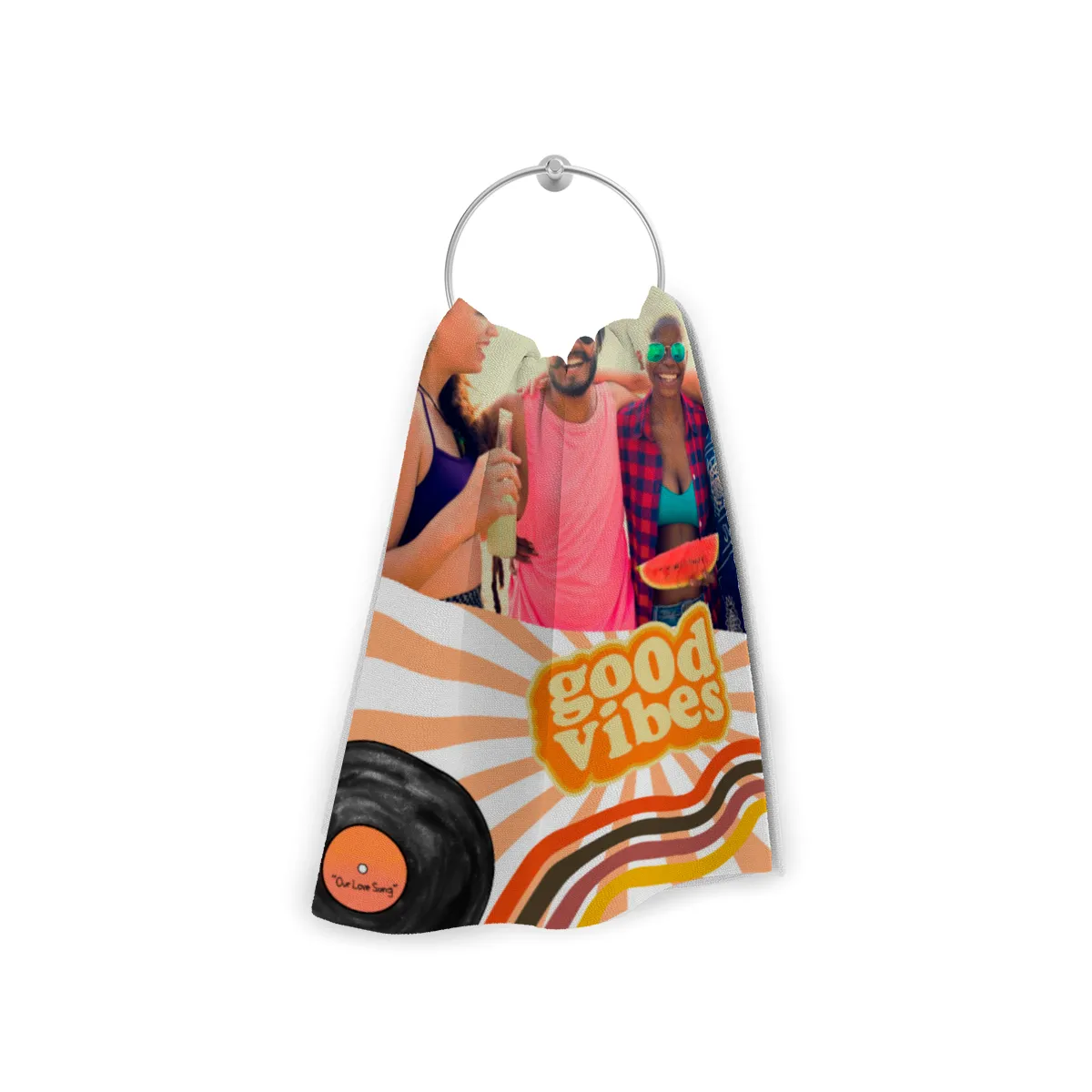 Strandtuch Good Vibes im Retro-Look - mit Foto personalisierbar - Foto-Badetuch für Urlaub, Bad, Strand - Good Vibes