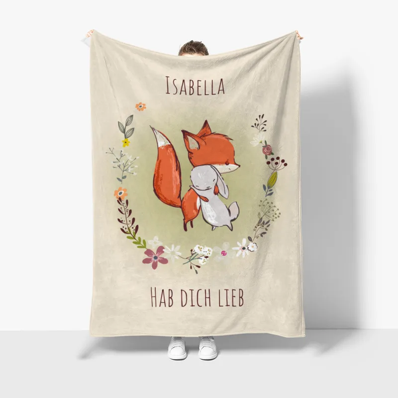 Babydecke mit Namen personalisierbar, Kuscheldecke, Namensdecke mit niedlichem Tiermotiv, Geschenkidee Geburtstag Motiv Fuchs und Hase 75 x 100 cm