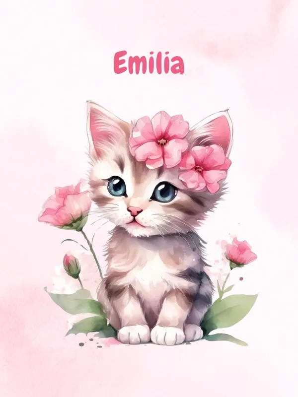Wohndecke mit Namen personalisierbar, Kuscheldecke, Namensdecke mit süßem Kätzchen, Geschenkidee Geburtstag Motiv Katze rosa 140 x 200 cm