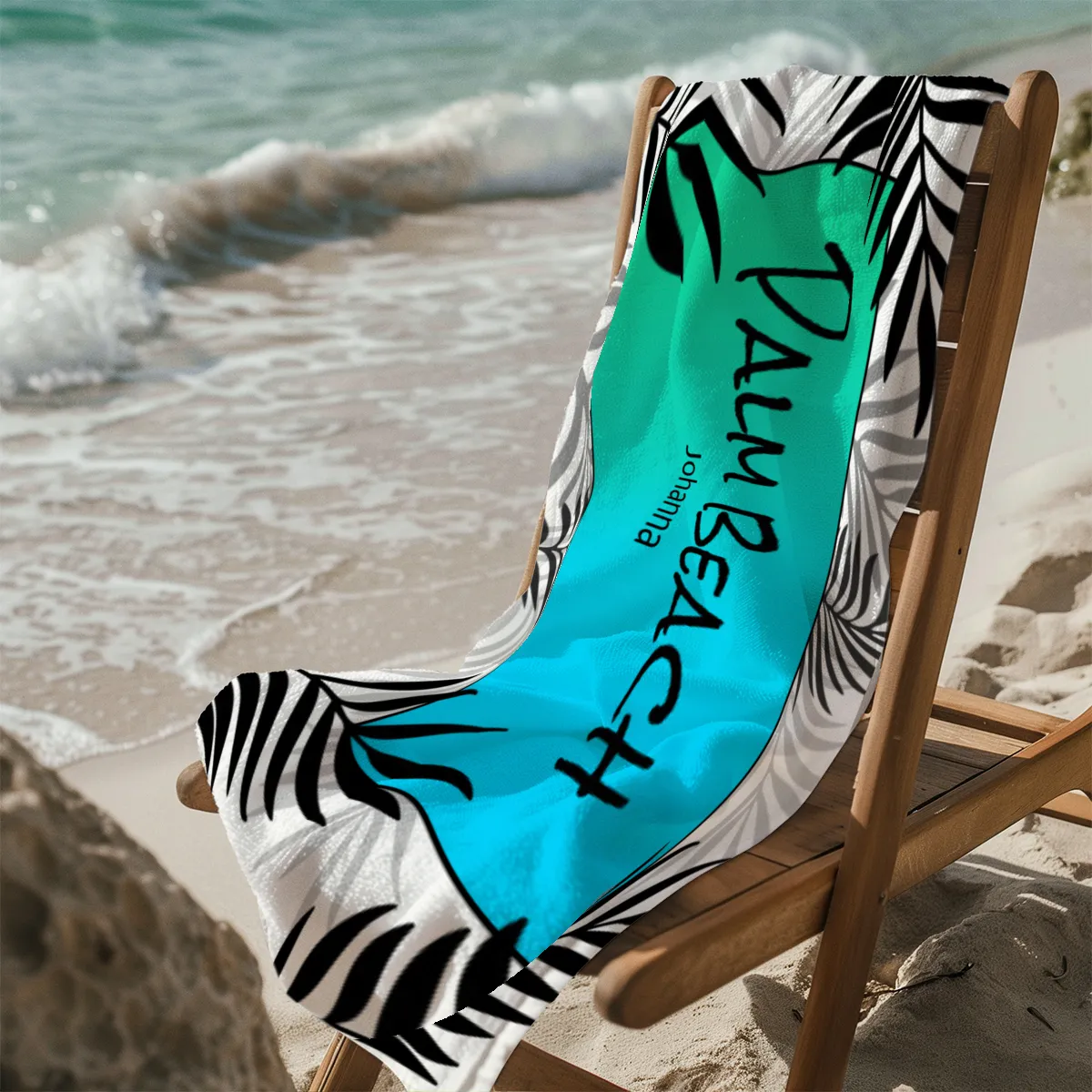 Badetuch Sommer - mit Namen personalisierbar - personalisiertes Namens-Badetuch - Strandtuch mit Wunschtext - Palmenblätter