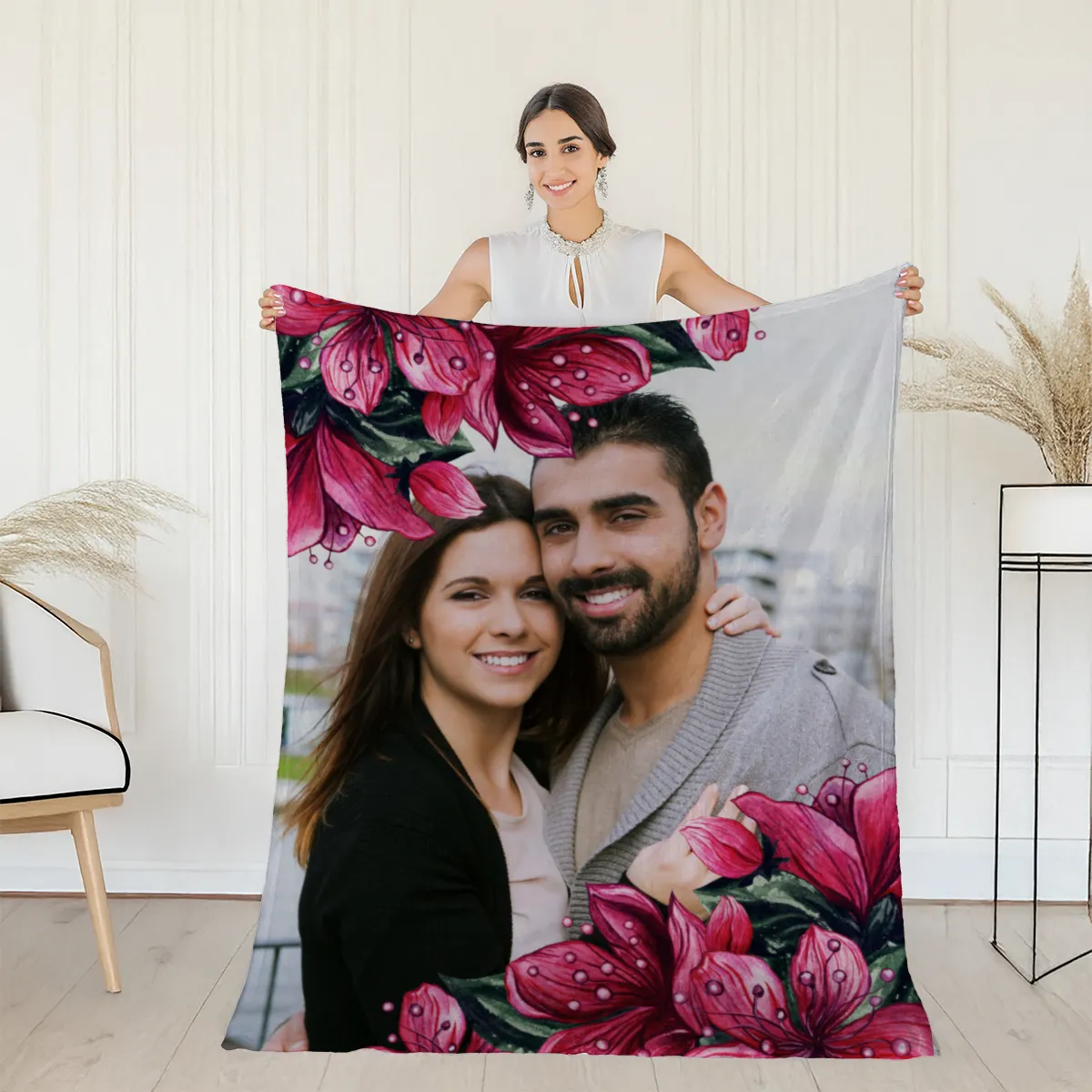 Kuscheldecke Pink Floral 140 x 200 cm mit Ihrem Bild - mit Foto personalisierbar - Fotodecke floral selbst gestalten - Geschenkidee Valentin, Hochzeit 1 Foto Pink Floral 140 x 200 cm
