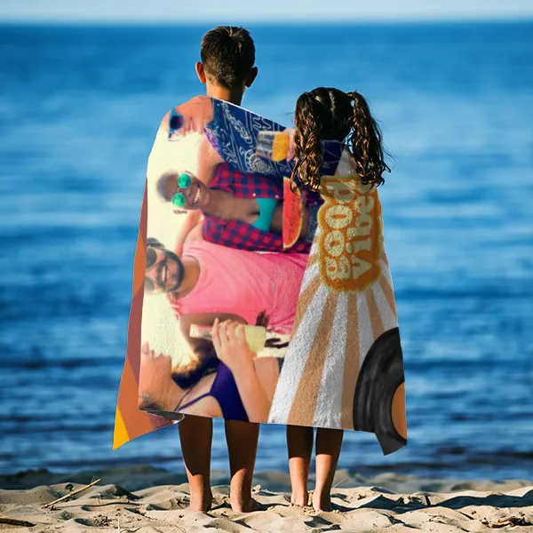 Strandtuch Good Vibes im Retro-Look - mit Foto personalisierbar - Foto-Badetuch für Urlaub, Bad, Strand - Good Vibes