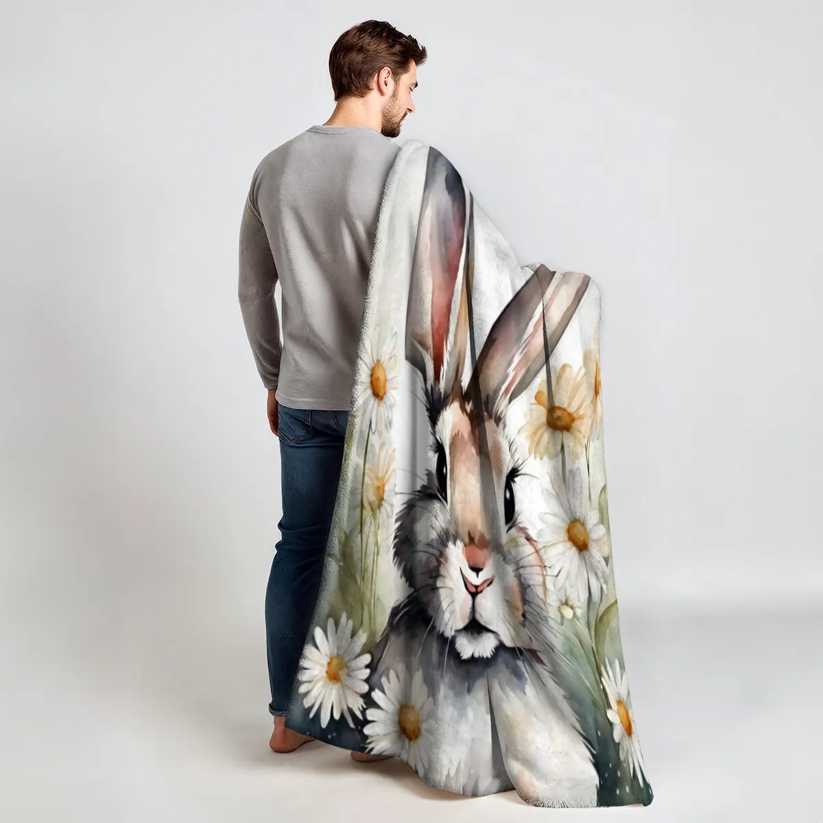 Babydecke mit Namen personalisierbar, Kuscheldecke, Namensdecke mit Häschen, Geschenkidee Geburt Motiv Hase Blümchen 75 x 100 cm