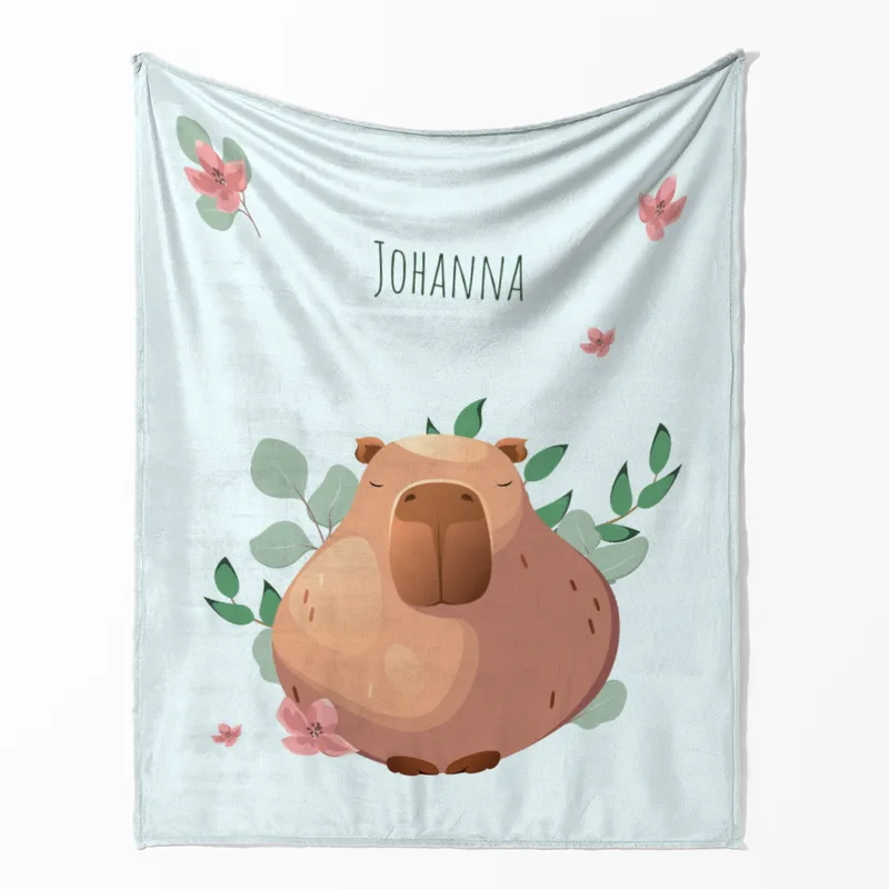 Wohndecke mit Namen personalisierbar, Kuscheldecke, niedliche Namensdecke mit Capybara, Geschenkidee Geburtstag Motiv Capy Wintermütze 140 x 200 cm