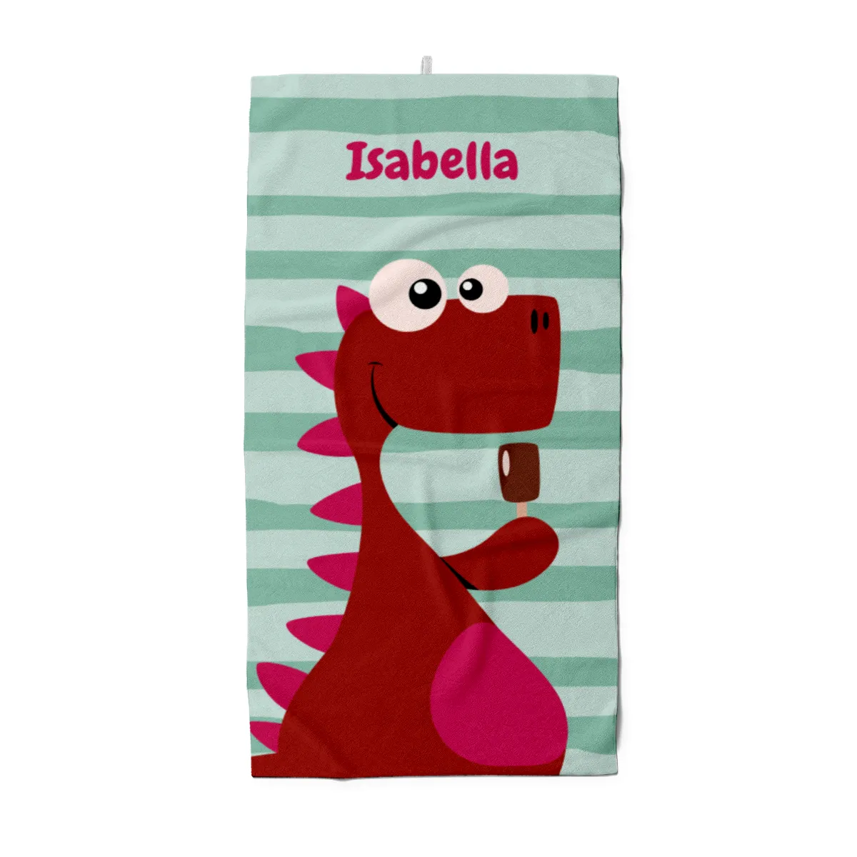 Dinosaurier-Badetuch mit Namen personalisierbar - personalisiertes Namens-Strandtuch - Kinderbadetuch mit Wunschtext - Dino Ice rot