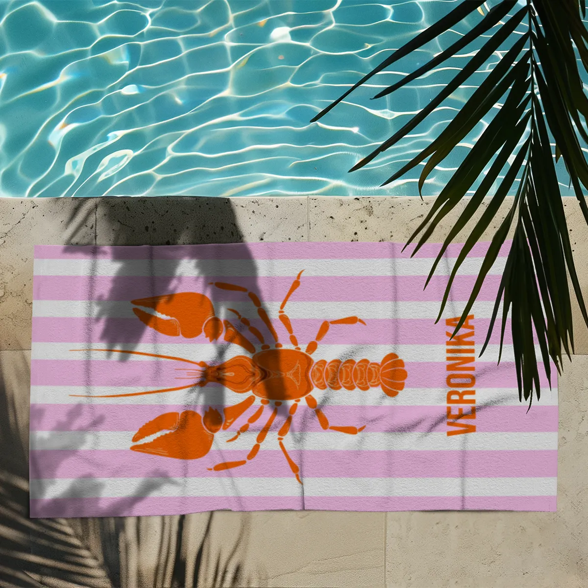 Badetuch blau gestreift mit Hummer - mit Namen personalisierbar - personalisiertes Namens-Badetuch - Strandtuch mit Wunschtext - Lobster blau