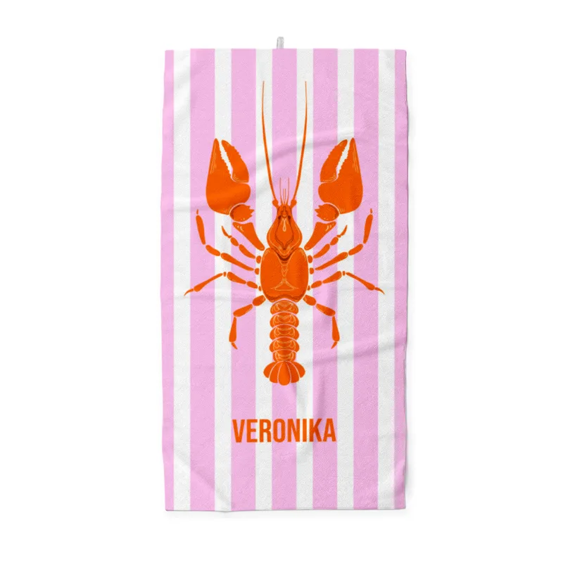 Badetuch blau gestreift mit Hummer - mit Namen personalisierbar - personalisiertes Namens-Badetuch - Strandtuch mit Wunschtext - Lobster blau
