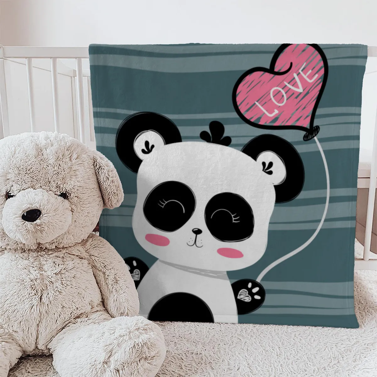 Babydecke mit Namen personalisierbar, Kuscheldecke, Namensdecke mit niedlichem Tiermotiv, Geschenkidee Geburtstag Motiv Panda Love 75 x 100 cm
