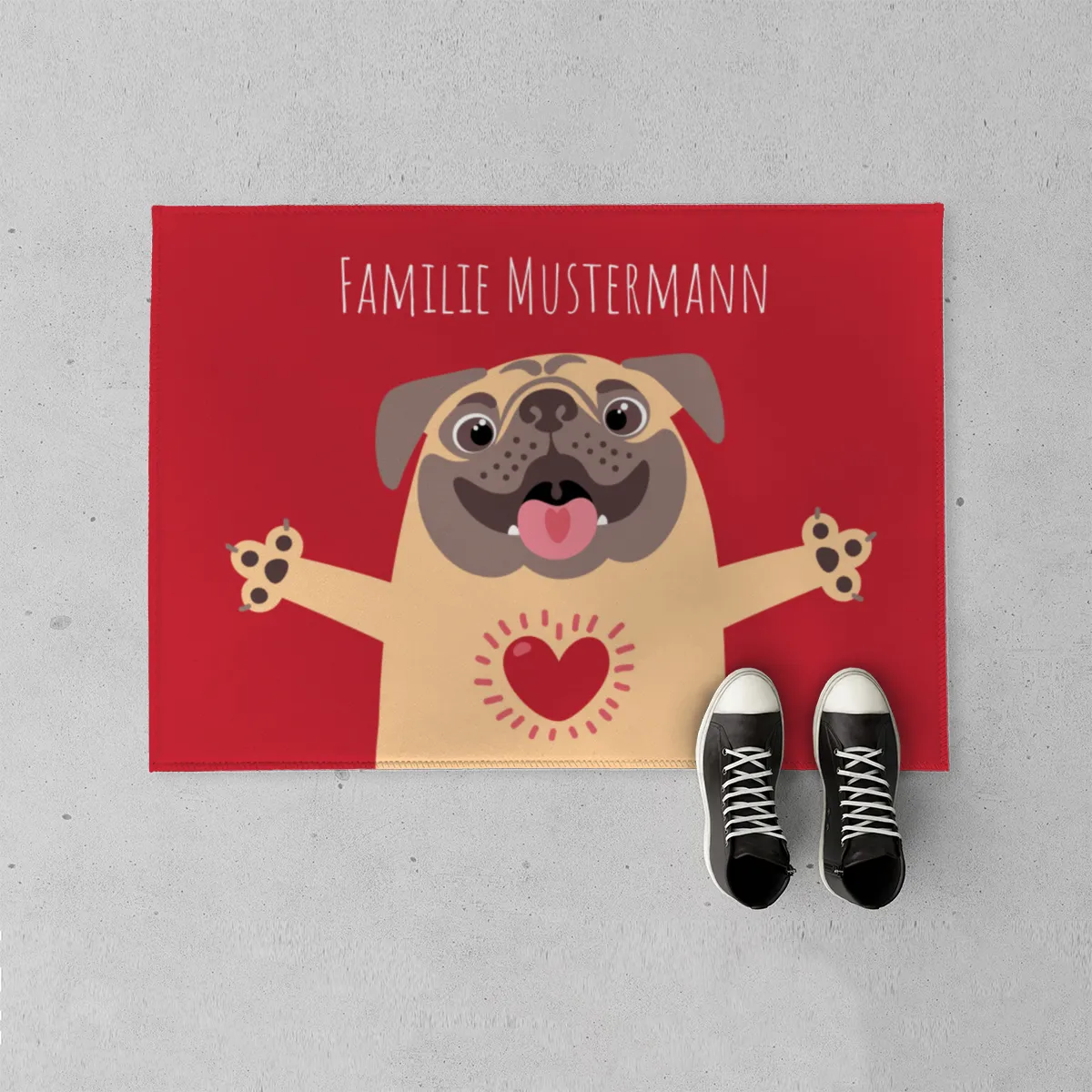 Fußmatte mit Namen personalisierbar - Geschenkidee Einzug, Geburtstag, Richtfest - Fussmatte mit Namen - Motiv Mops 70 x 50 cm