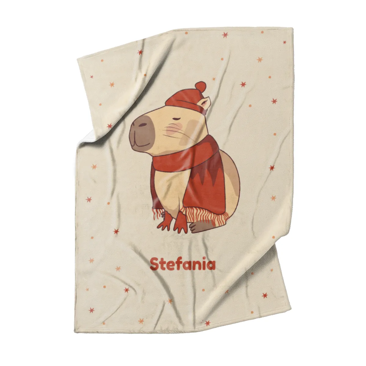 Wohndecke mit Namen personalisierbar, Kuscheldecke, niedliche Namensdecke mit Capybara, Geschenkidee Geburtstag Motiv Capy Wintermütze 140 x 200 cm