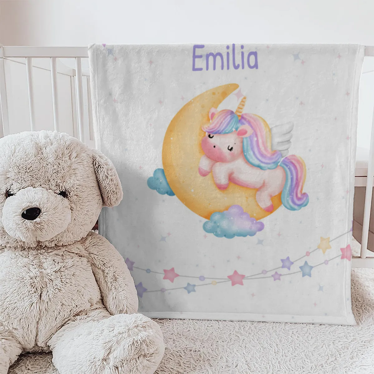 Babydecke mit Namen personalisierbar, Kuscheldecke, Namensdecke mit Einhorn, Geschenkidee Geburt Motiv Einhorn 75 x 100 cm