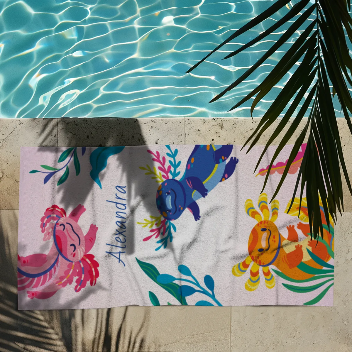 Duschtuch mit Namen personalisierbar - personalisiertes Namens-Duschtuch mit Wunschtext - Axolotls