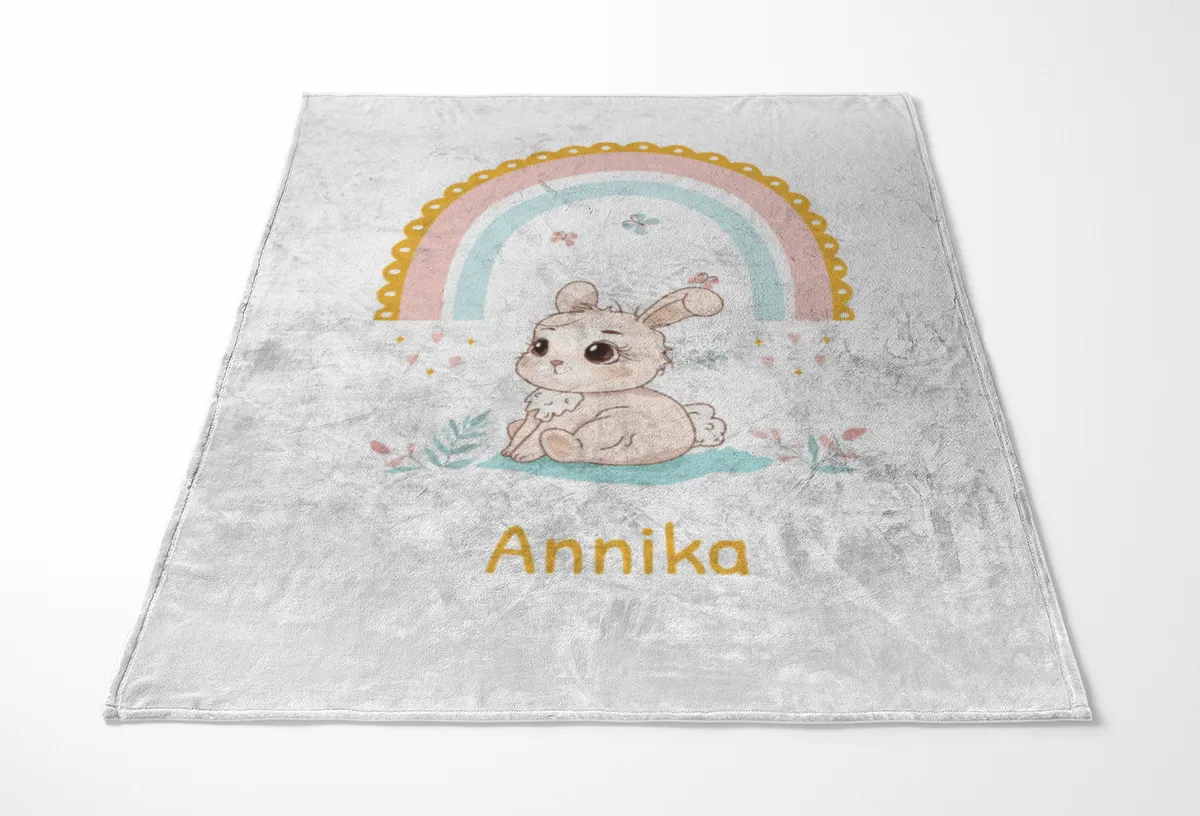 Babydecke Häschen mit Regenbogen - mit Namen personalisierbar Hase 75 x 100 cm