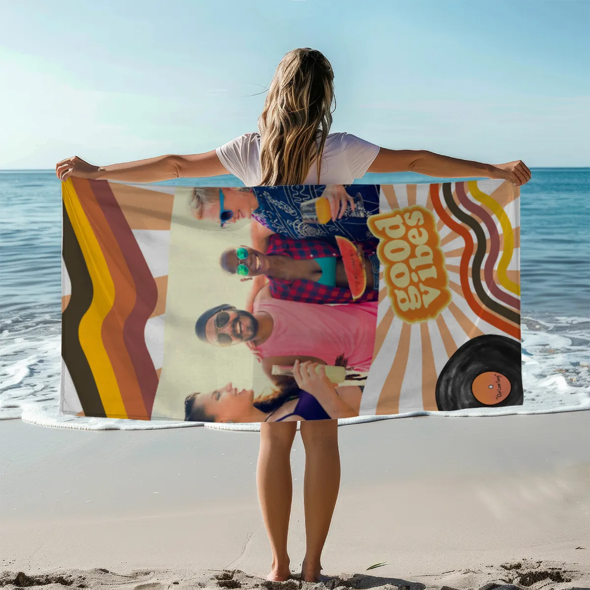 Strandtuch Good Vibes im Retro-Look - mit Foto personalisierbar - Foto-Badetuch für Urlaub, Bad, Strand - Good Vibes