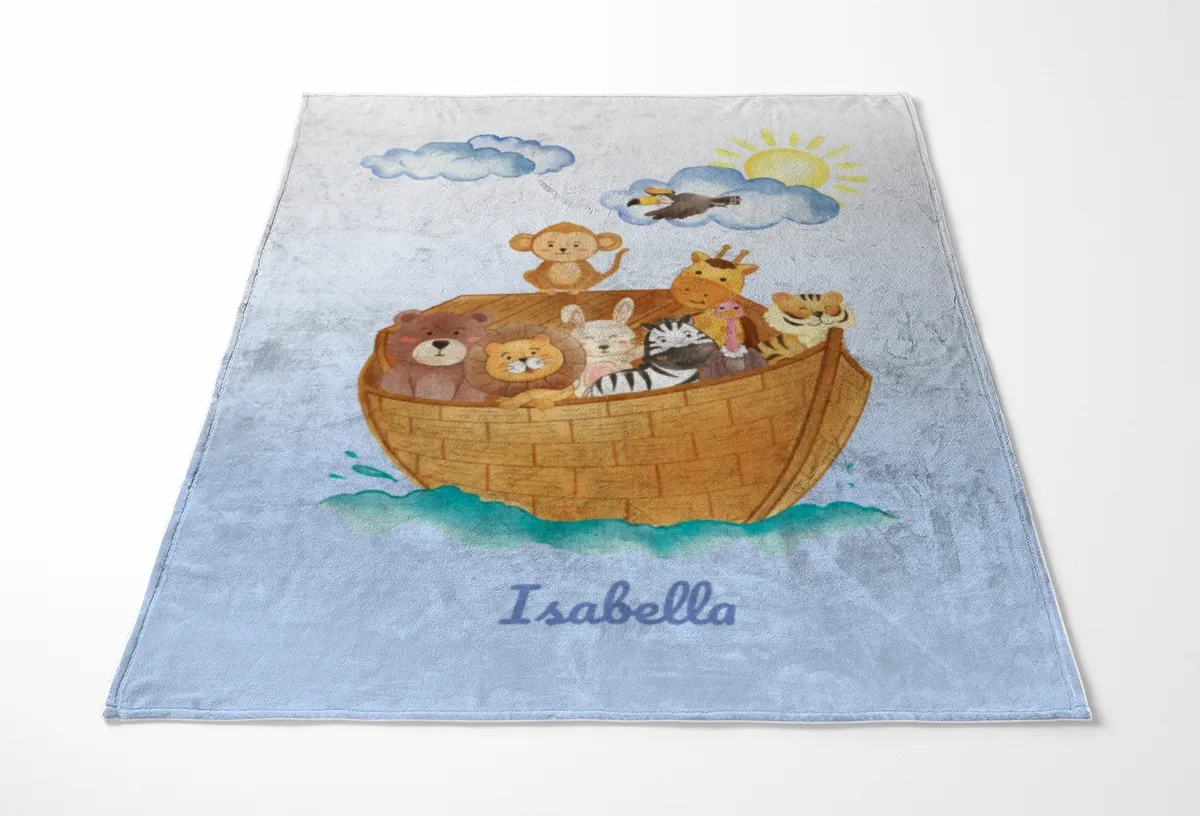 Wohndecke mit Namen personalisierbar, Kuscheldecke, Namensdecke mit niedlichem Tiermotiv, Geschenkidee Geburtstag Motiv Tiere Arche 140 x 200 cm