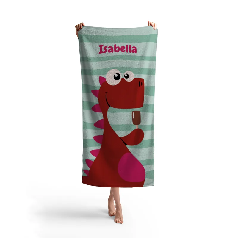 Dinosaurier-Badetuch mit Namen personalisierbar - personalisiertes Namens-Strandtuch - Kinderbadetuch mit Wunschtext - Dino Ice rot