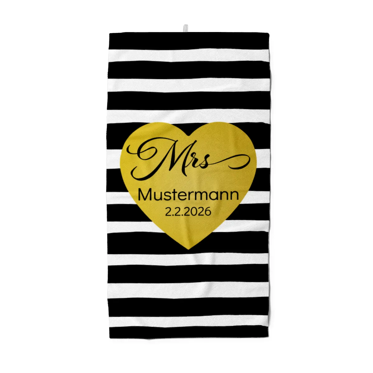 Badetuch mit Namen personalisierbar - personalisiertes Namens-Badetuch - Strandtuch mit Wunschtext - Geschenkidee Hochzeit, Paar - Motiv Misses Heart Stripes