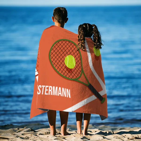 Badetuch Sport - mit Namen personalisierbar - personalisiertes Namens-Badetuch - Strandtuch mit Wunschtext - Tennis orange