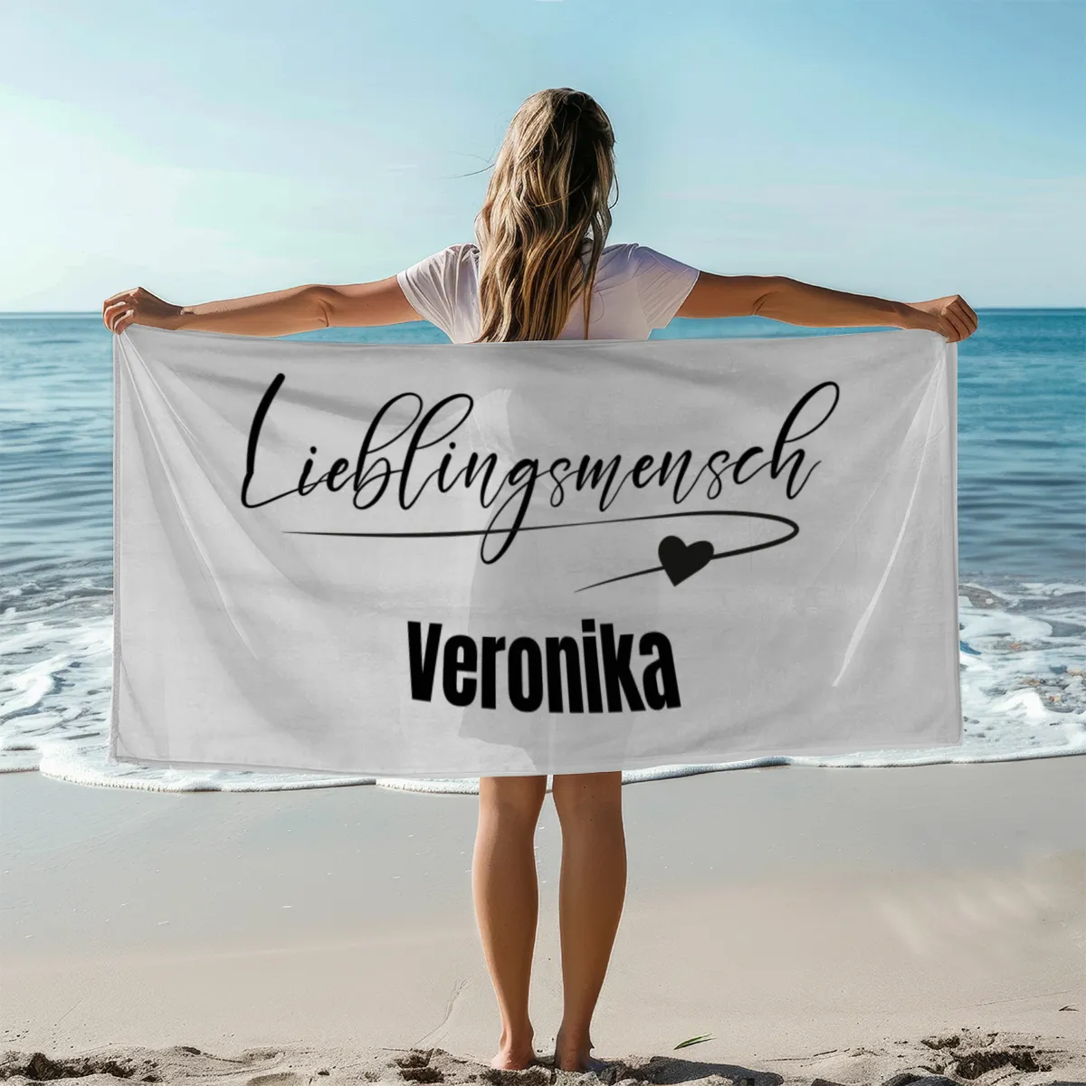Badetuch mit Namen personalisierbar - personalisiertes Namensbadetuch - Strandtuch mit Namen - Lieblingsmensch weiß