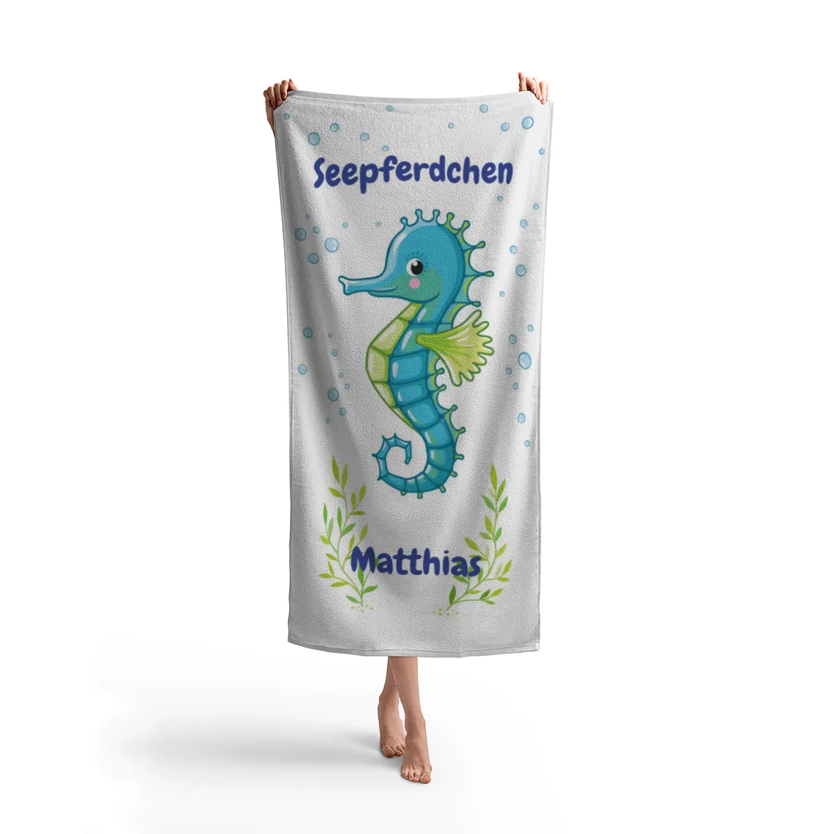 Duschtuch mit Namen personalisierbar - personalisiertes Namens-Duschtuch mit Wunschtext - Seepferdchen blau