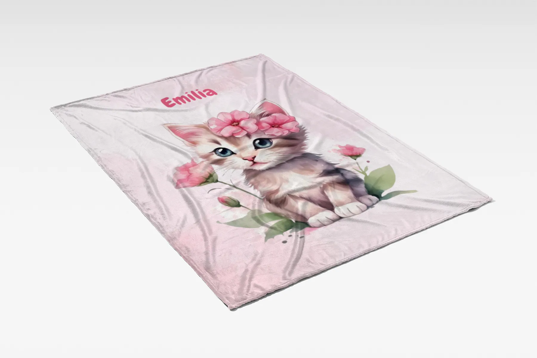 Wohndecke mit Namen personalisierbar, Kuscheldecke, Namensdecke mit süßem Kätzchen, Geschenkidee Geburtstag Motiv Katze rosa 140 x 200 cm