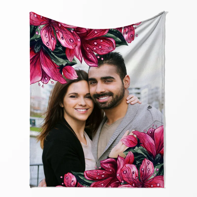 Kuscheldecke Pink Floral mit Ihrem Bild 125 x 155 cm - mit Foto personalisierbar - Fotodecke floral selbst gestalten - Geschenkidee Valentin, Hochzeit 1 Foto Pink Floral 125 x 155 cm